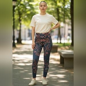 Yoga Democracy Floral High-Waist Navy Leggings with Pink Accents